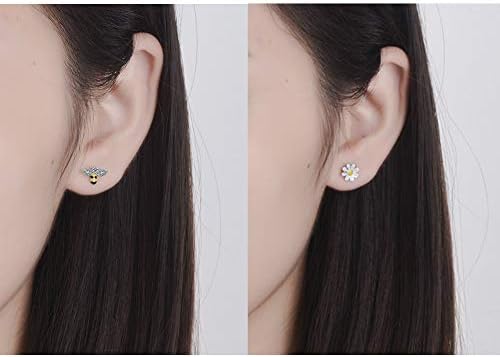 Tiny Mini Bee Daisy Flower Asymmetric Stud Earrings for Women Teen Girls Sensitive Ear Fashion CZ Animal Cute Piercing Post Hypoallergenic Fashion Jewelry Gifts Birthday