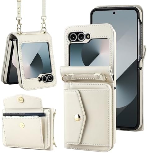 Vofolen for Samsung Galaxy Z Flip 6 Case with Card Holder Slot Crossbody Wallet Cover with Adjustable Strap Magnetic Closure Soft PU Leather Protective zflip6 Phone Purse for Women Girls, White