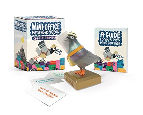 A tiny desktop messenger pigeon that's a physical gag on corporate communication — the kind of novelty that earns a permanent spot on a work desk.