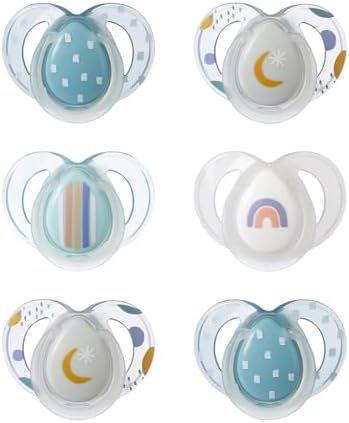 Tommee Tippee Night Time Pacifier, 6-18 Months, Symmetrical Silicone Baglet, BPA-Free Binkies, Glow in The Dark Technology, Blue Rainbow, Pack of 6