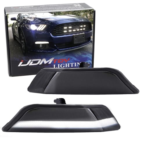 iJDMTOY OEM Turn Signal Lamp Replace LED Daytime Running Light Kit Compatible with 2015-2017 Ford Mustang (Xenon White LED DRL w/Amber Sequential Blink Turn Signal Feature), Smoked Lens