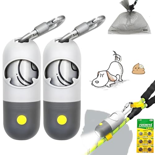 Dog Poop Bags Holder with LED Flashlight|Pet Waste Bags Dispenser for Leash|Doggie Potty Bags Container with Leak-proof Pet Trash Bags and Accessories (Light Gray, 2 Holder 30 Bags)