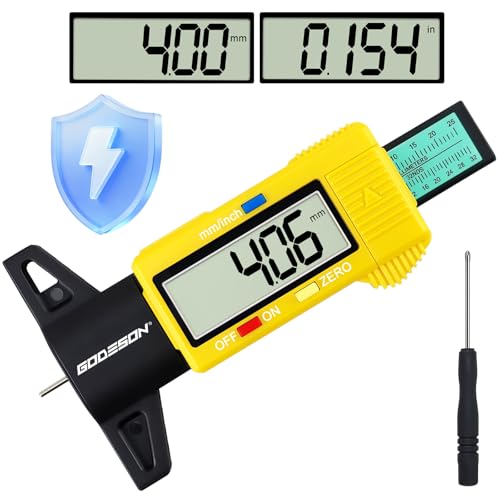 GODESON Digitales Profiltiefenmesser Für Reifen 0-25.4 Mm/1 Zoll, Reifenprofiltiefenmesser Mit Großem Lcd-Display, Energiesparmodus – Universelles Messwerkzeug Für Auto-, Lkw- Und Motorradreifen（Gelb）