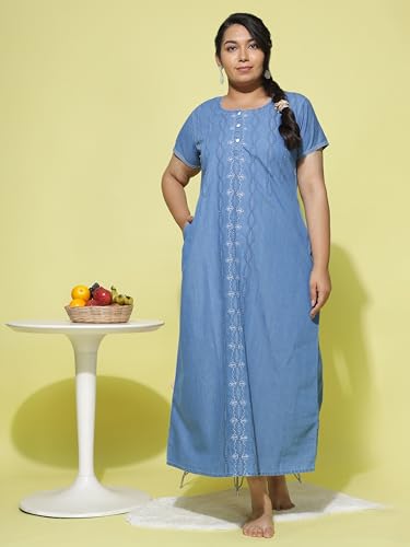 Image of 9shines Label Stylish Denim Cotton Nighty Maxi for Women | Full Length Trendy Nightgown | Premium Nightdress | Nightwear | Embroidery Nighty with Pocket (9SDS)