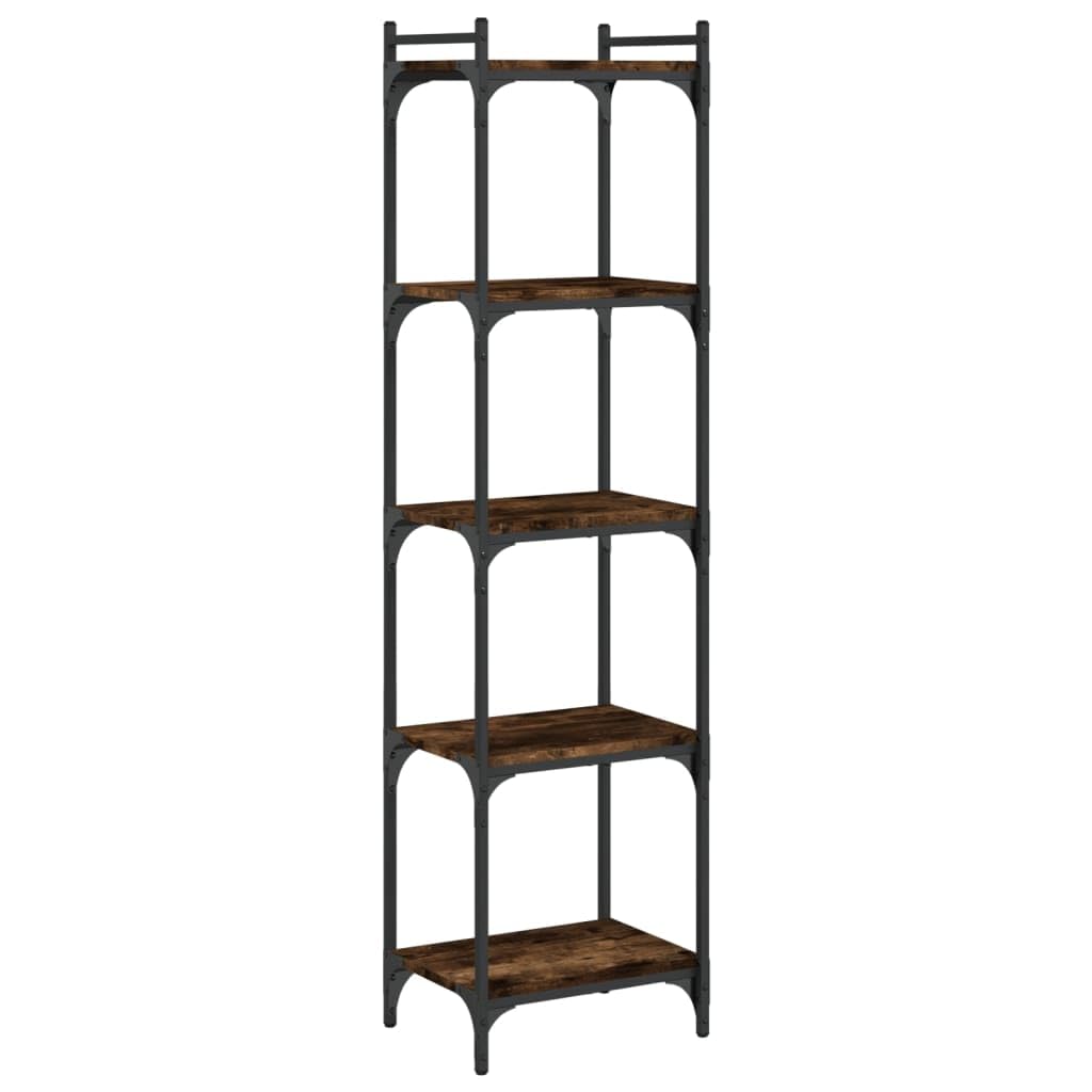 Librería de 5 baldas de roble ahumado, 40 x 30 x 154 cm, material de madera, estructura de metal, estantería estrecha con patas ajustables para salón, cocina, balcón