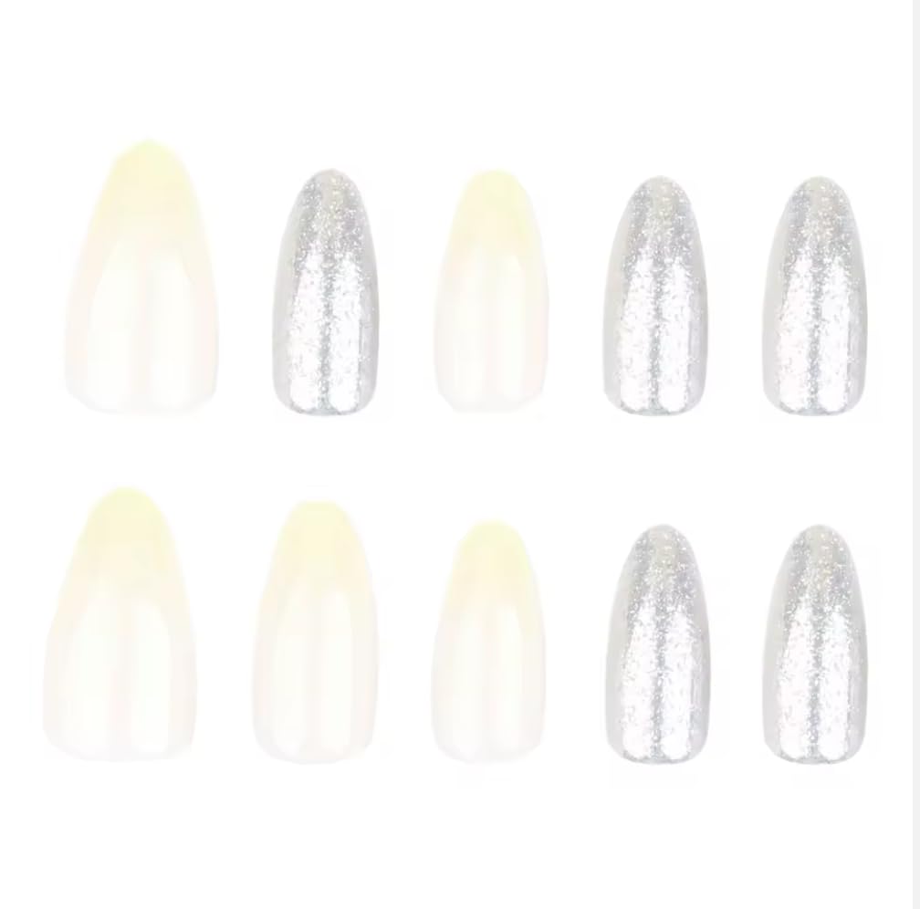 30PCS Gradient Glitter Press-On Nails – Short Almond Shape, Acrylic Material – Silver Sparkle False Nail Set (GD34)