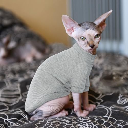 QBLEEV Sphynx Cat Clothes, Cotton Hairless Cats Shirt for Cats Only, Cat Pajamas with Sleeves, Pullover Kitten T-Shirts Soft Pet Clothes Cat Apparel for Cornish Rex, Devon Rex, Peterbald, Grey, XL - Thumbnail 7