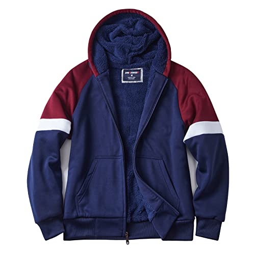 Facitisu Men's Winter Zip Up Hoodie Sherpa Fleece Sweatshirt Warm Thick heavyweight Coats Block Color Navy/Red 3X-Large