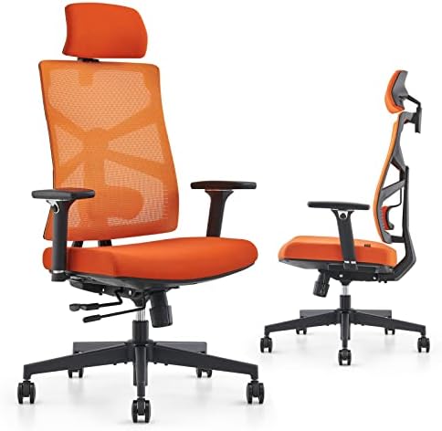 HOLLUDLE Ergonomic Office Chair with Adaptive Backrest, High Back Computer Desk Chair with 4D Armrests, Adjustable Seat Depth, Lumbar Support and 2D Headrest, Swivel Task Chair, Orange