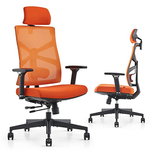Holludle Ergonomic Office Chair With Adaptive Backrest, High Back Computer Desk Chair With 4D Armrests, Adjustable Seat Depth, Lumbar Support And 2D Headrest, Swivel Task Chair, Orange #TOP5