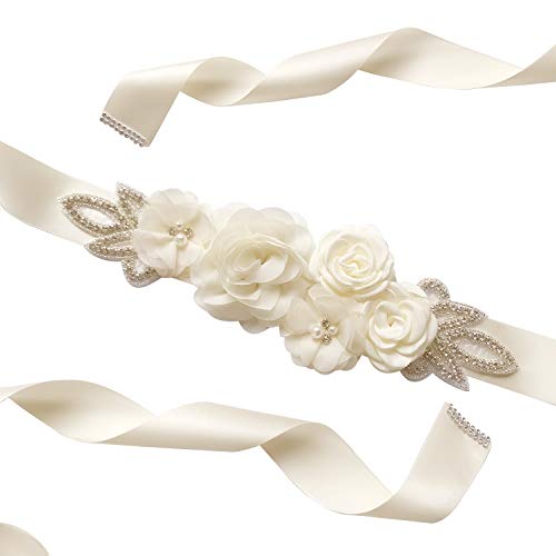 Sash Belt with Flowers Pearls Rhinestone for Wedding Bride/Baby Shower Dress Flower Girls Sash Belt Headband Set3