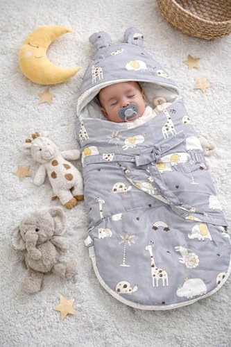 Image of VoiDrop Baby Swaddle Wrap for Newborn 0 to 9 Months, Baby Sleeping Bag with Hood, Muslin Swaddle for All Season, Animal Print -Grey