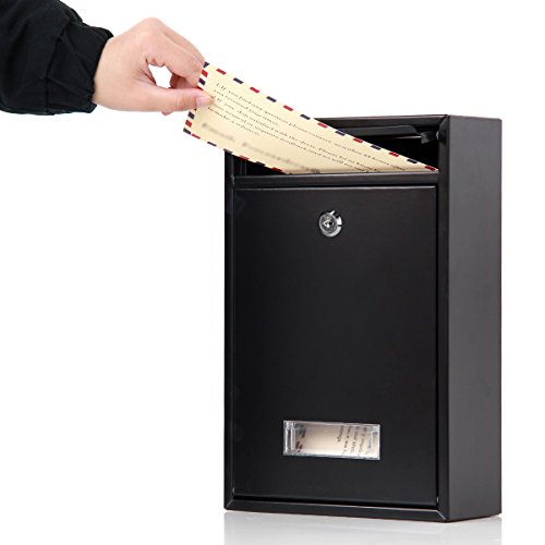 Image of Locking Mailboxes Wall Mounted Vertical - Jssmst Key Lock Drop Mail Box Medium Capacity Galvanized Steel Cover Rust-Proof Metal Post Box, 12.6 x 8.5 x 3.4 Inch, Black, SM-0601L