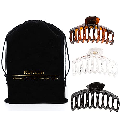 Kitiin Polycarbonate Strong Hold Large Hair Claw Clips For Women Thick Hair, 3 Counts In Set Of Black/Tortoise Shell Brown/Clear Resin Big Hair Clips 4.3 Inch In Velvet Gift Bag (Plain) #TOP8