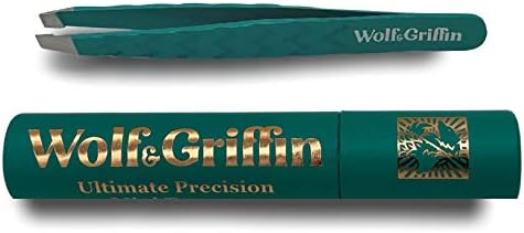 Wolf & Griffin Ultimate Precision Mini Tweezers | Stainless Steel Professional Slant Eyebrow Tweezers for Men and Women | Peacock Green