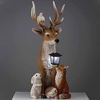 Obelunrp Garden Statues Outdoor, 20cm Resin Reindeer Fox Ornament with Solar Lamp, Garden Animal Landscape Sculpture for Outdoor Patio Yard Decoration