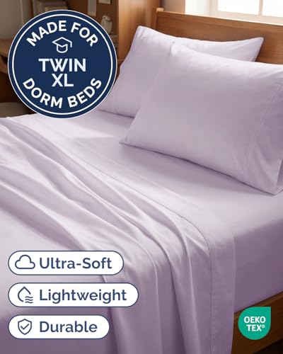 Image of Twin XL 4 Piece Sheet Set - College Dorm Room Essentials - Light Lavender | Ultra Soft Dorm Bedding Set, 8 inch to 16 inch Inch Deep Pockets, 1 Flat & 1 Fitted Sheet & 2 Pillowcases, Wrinkle & Fade Free