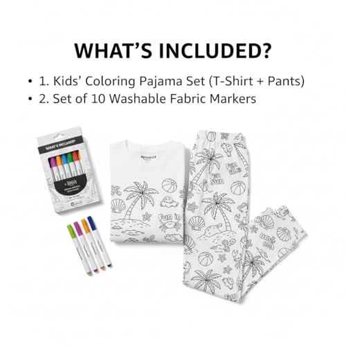 Image of Soft Lycra Reusable Kids T-Shirt & Pant Set with 10 Washable Marker Pens | DIY Coloring Clothes for Boys & Girls | Reusable Creative Pajama Gift Set(4-5 Year) (Fun and Sun)