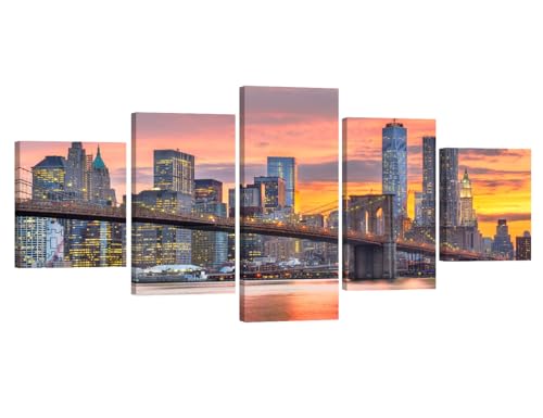 Bathroom Wall Decor Brooklyn Bridge Posters Wall Paintings 5 Pieces New York City New York USA Wall Art for Living Room Manhattan Skyline on the East River Wall Art Framed Ready to Hang 32X60 INCH
