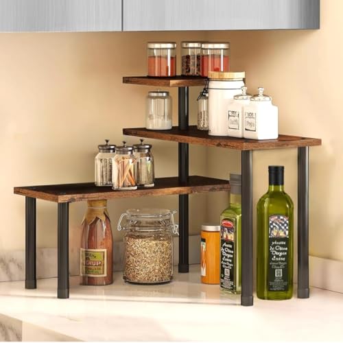 Image of Stylish Prime Wooden Rack for Kitchen Storage, Corner Shelf for Kitchen, Organizer Rack, 3 Tier Spice, Oil Stand, Tabletop Rack for Makeup, Office, Storage Multipurpose (Rustic Brown, 3 Tier)