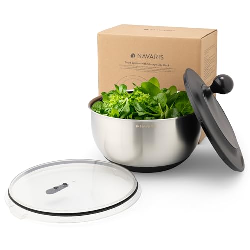 Navaris Centrifuga per Insalata con Coperchio - Asciuga Insalata in Acciaio Inox - Lavaggio Asciugatura e Rotazione Facili - Veloce e Sicuro con Base Antiscivolo
