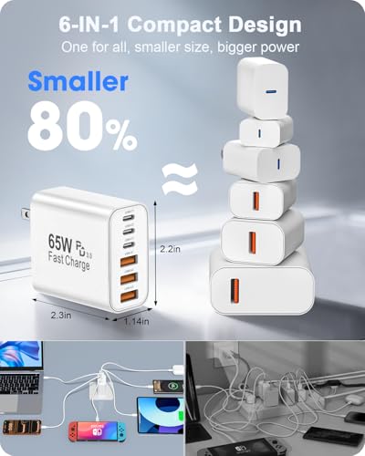 Image of 2-Pack 65W USB C Charger Block, 6-Port Fast Wall Charging Block [3 PD USB-C & 3 QC USB-A] for iPhone 17 16 15 Pro Max, iPad Pro, Galaxy S26 S25, Pixel 10 9, iWatch,Google & More