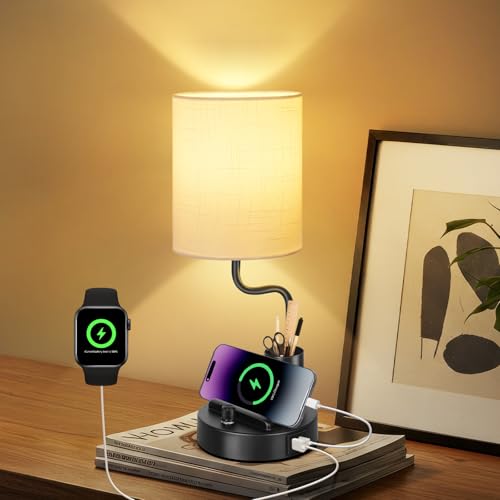 OUTON Bedside Table Lamps – Stepless Dimmable Nightstand Light with Linen Shade, USB-A & USB-C Ports, Phone Stand & Pen Holder, 2700K Warm LED Bulb Included, for Bedroom, Dorm, Office, Black