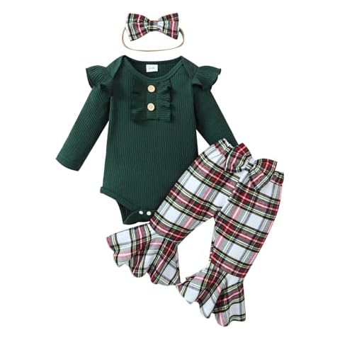Kuriozud Newborn Baby Girl Christmas Outfit Ribbed Ruffle Long Sleeve Romper Plaid Flare Pants Set Toddler Fall Winter Clothes (Plaid Green, 0-3 Months) Cover
