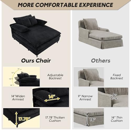 Image of Oversized Chaise Lounge Chair Indoor with 5-Position Adjustable Backrest, 54.8 inch Upholstered Corduroy Deep Seat Single Cloud Sofa Chair, Fluffy Modern Sleeper Couch Bed for Living Room, Black