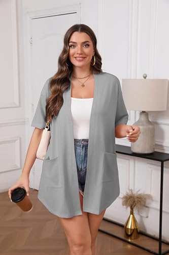 Image of IN'VOLAND Women Plus Size Lightweight Cardigan Short Sleeve Open Front Casual Summer Kimonos Cardigans with Pockets