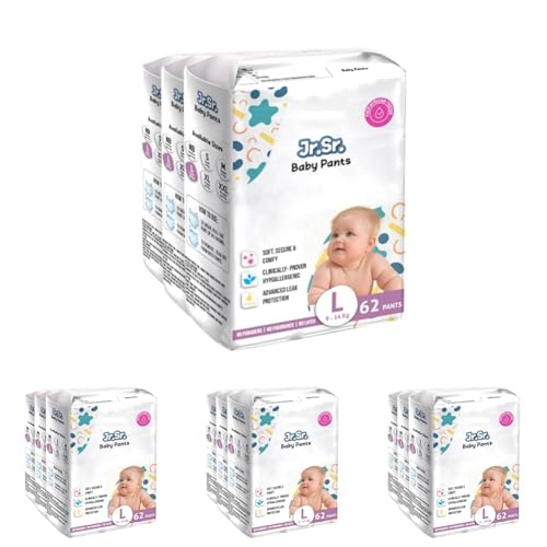 Image of Jr. Sr. Baby Diaper Pants | Large (L) Size (9-14 kg), 186 Count | Pack of 12 | Upto 12 hr Absorption with Advanced Leak Protection | Safe For Babies Skin | Soft, Secure & Comfy