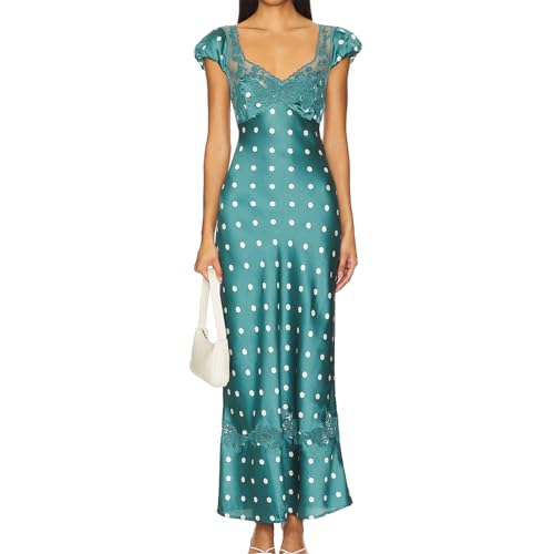 Image of Women Sexy Lace Patchwork Mesh Dress Floral Print Cutout Sweetheart Neck Backless Slit Summer Maxi Dress