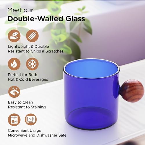 Image of UMAI Borosilicate Glass Coffee Mug with Wooden Handle | Tea Cups Set of 2 (120ml Each) | High Heat Resistance | Microwave and Dishwasher Safe | Ideal Gifts for Friends /Family /Couples (Blue)