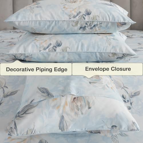 Image of Dusty Blue Vintage Floral Percale Bed Sheets Full Size Deep Pocket | 100% Cotton Shabby Flower Chic Sheet Set, Peony Printed Farmhouse Sheets, Luxury Toile Bedding, Cottagecore, Soft Crisp, 4Pcs