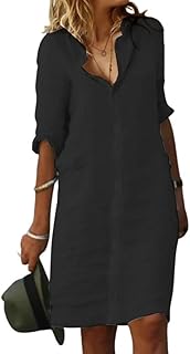 Fronage Women's Casual Cotton Linen Shirt Dress Button Down 1/2 Long Sleeve Lapel V Neck Summer Midi Dresses with Pockets