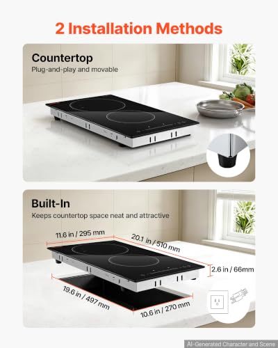 Image of VEVOR Electric Cooktop 12inch 2 Burners Portable Stove Top 1800W 120V, Ceramic Countertop /Built-in Radiant Electric Stove, with 16 Power Levels, Timer, Child Lock, Over-Heat Guard, Touch Control