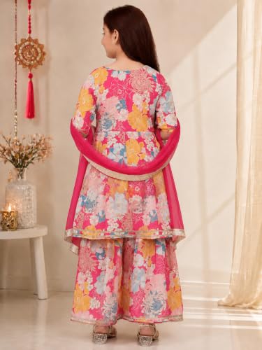 Image of Preneum Girls's Ethnic Cotton Bandhani & Lehariya Printed 3 /4 Sleeves Gotta Patti Angrakha Kurta with Sharara Set