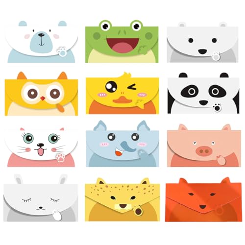 RTRTGS Pack of 12 Mini Envelopes, Cartoon Animal Greeting Card, Envelopes, Small Envelopes, Mini for Gift Card, Wedding, Birthday, Party Supplies (16 x 8 cm) (Colourful)