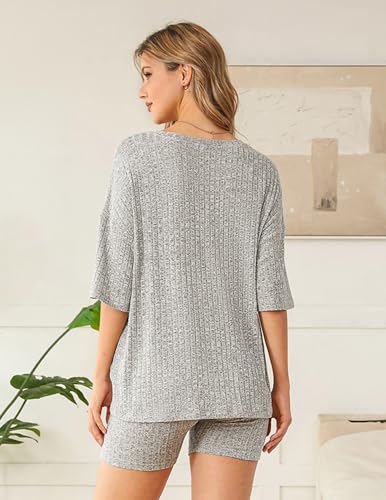 Image of NORACORA Pajamas 2 Piece Lounge Sets Ribbed Knit for Women Matching T-shirt Shorts Outfits Sleepwear