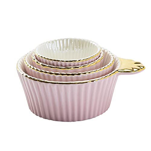 Set de 4 vasos medidores de porcelana rosa con borde dorado miniatura 3