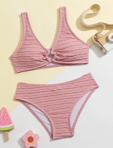SEAUR Girl's Cute Two Piece Bikini Set High V Neck Ribbed O-Ring String Swimsuits Textured Bathing Suit2