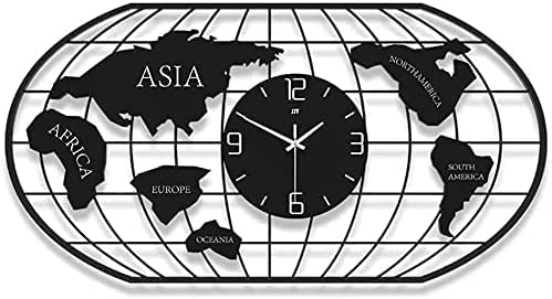 Grande horloge murale 3D carte du monde en métal noir au design artistique et silencieux