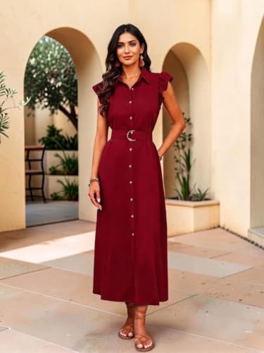 Image of OOMPH! Women's Shirt Midi Dress | Ruffle Sleeves | Button-Down Front | Waist Belt Detail | Collared Neck Casual & Vacation Dress