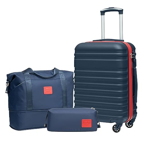 Image of Coolife 3 piece luggage Carry On Hardside Set TSA Lock,Navy Red(DB /TB /20) | 360 Smooth Spinner Wheels;Smart Trolley Sleeve;Water-Resistant Fabric;Organized Divider Interior;Lightweight ABS