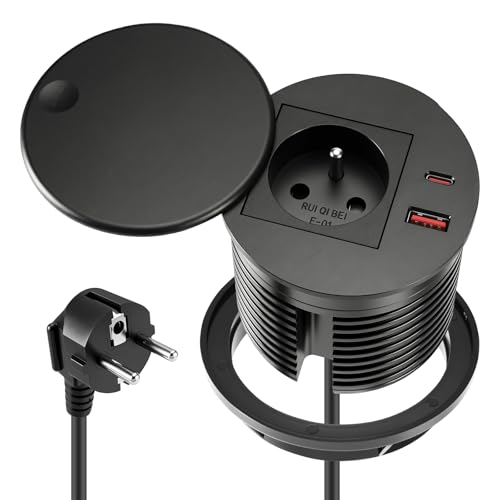 Bloc Prise Encastrable Rond 80 mm avec USB-C PD20W + USB-A, Multiprise Encastrable Plan de Travail, Bureau, Cuisine, Meuble, Prise Française avec Câble 1.5 m