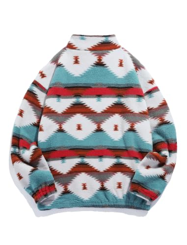 Image of ZAFUL Men 1 /4 Zipper Ethnic Aztec Fleece Unisex Winter Sweatshirt Tops 2026 | Funnel Neck Fluffy Polar Fleece Faux Sherpa Soft Thermal Pullover Kangaroo Pocket Jacket Hoodie Tops