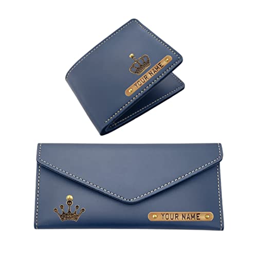 The Bling Stores Personalized Genuine PU Leather Women Clutch and Wallet Combo for Couple/Name Crafted/ 1 Charms/Couple Combo Set of Women Clutch and Wallet (Blue)