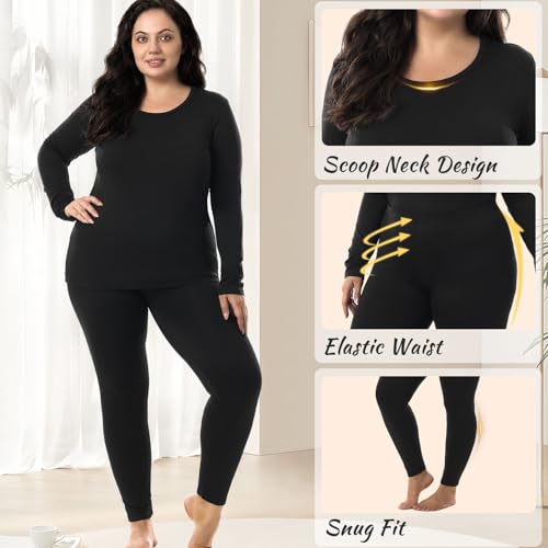HOdo Plus Size Thermal Underwear Women Long Johns Fleece Lined Base Layer Top and Bottom Sets 1X-5X4