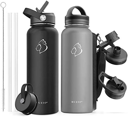 BUZIO Vacuum Insulated Stainless Steel Water Bottle 40oz with 40oz Insulted Three Caps Water Bottle