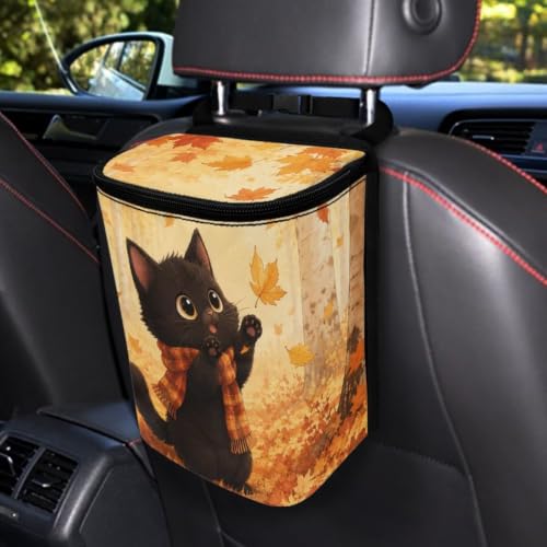 Image of Talayituse Black Cat Maple Print Car Trash Can with Lid, Leak Proof Auto Trash Bag Hanging Vehicle Garbage Can Multipurpose Storage Container for Back Seat Road Trip Autumn Decor